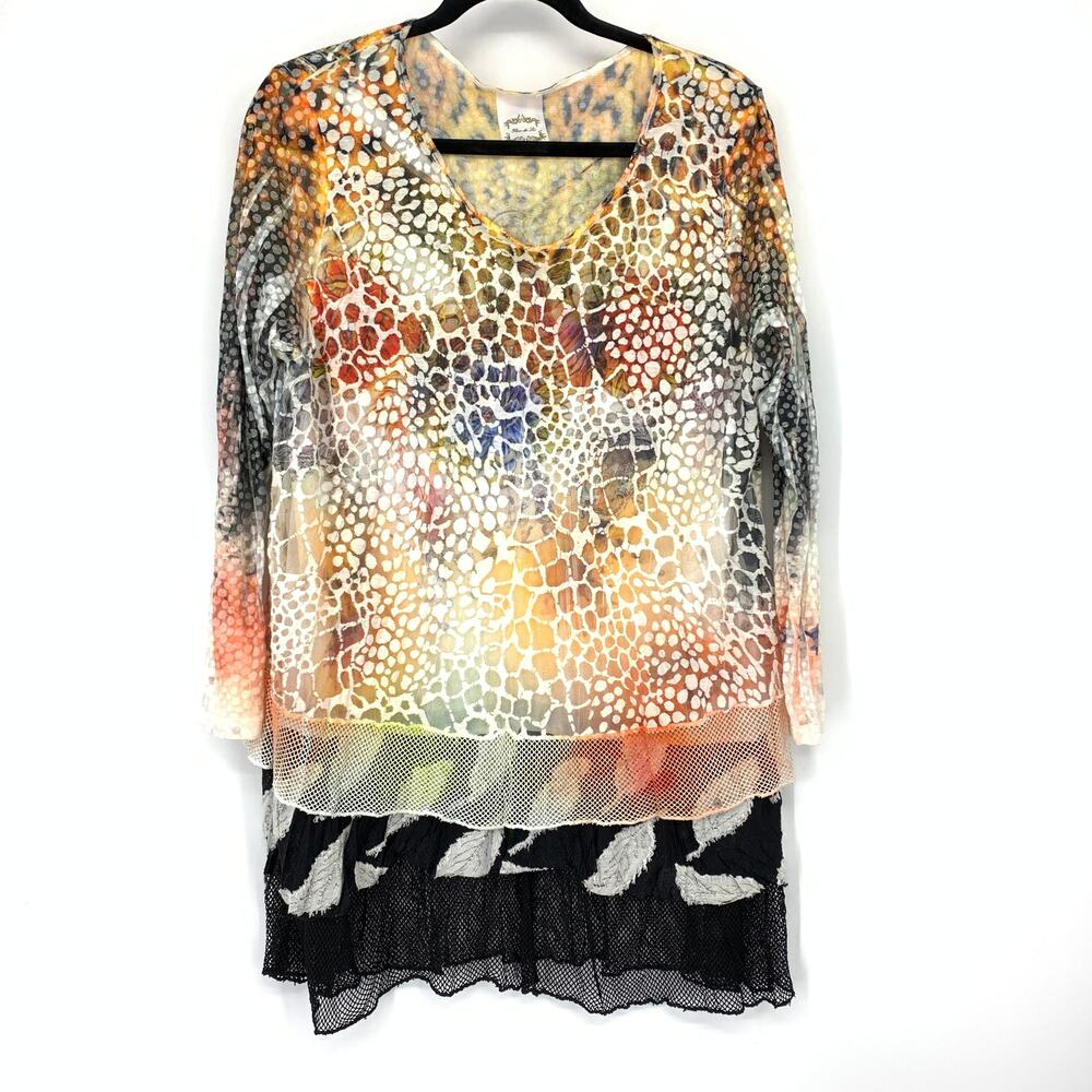 Fleur De Lis Layered Mixed Print Blouse Mesh Detail Art To Wear Top Multicolor L